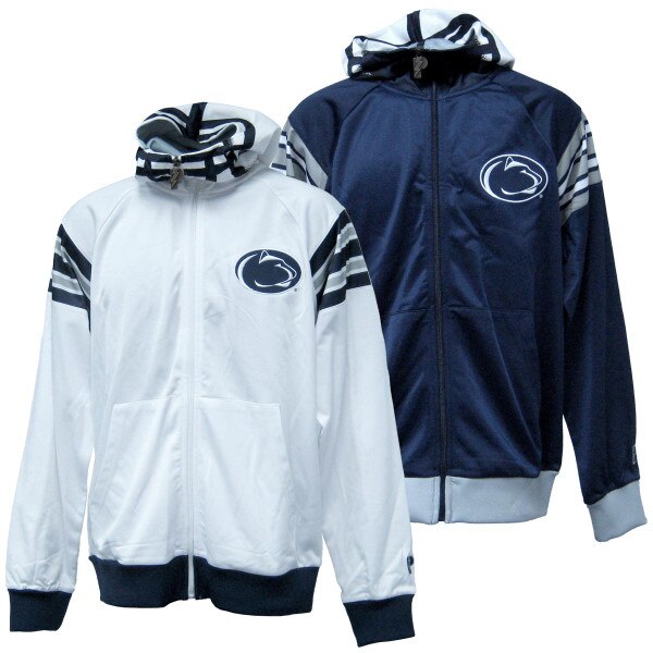 navy and white full zip hooded helmet sweatshirts with Penn State Athletic Logo on left chests